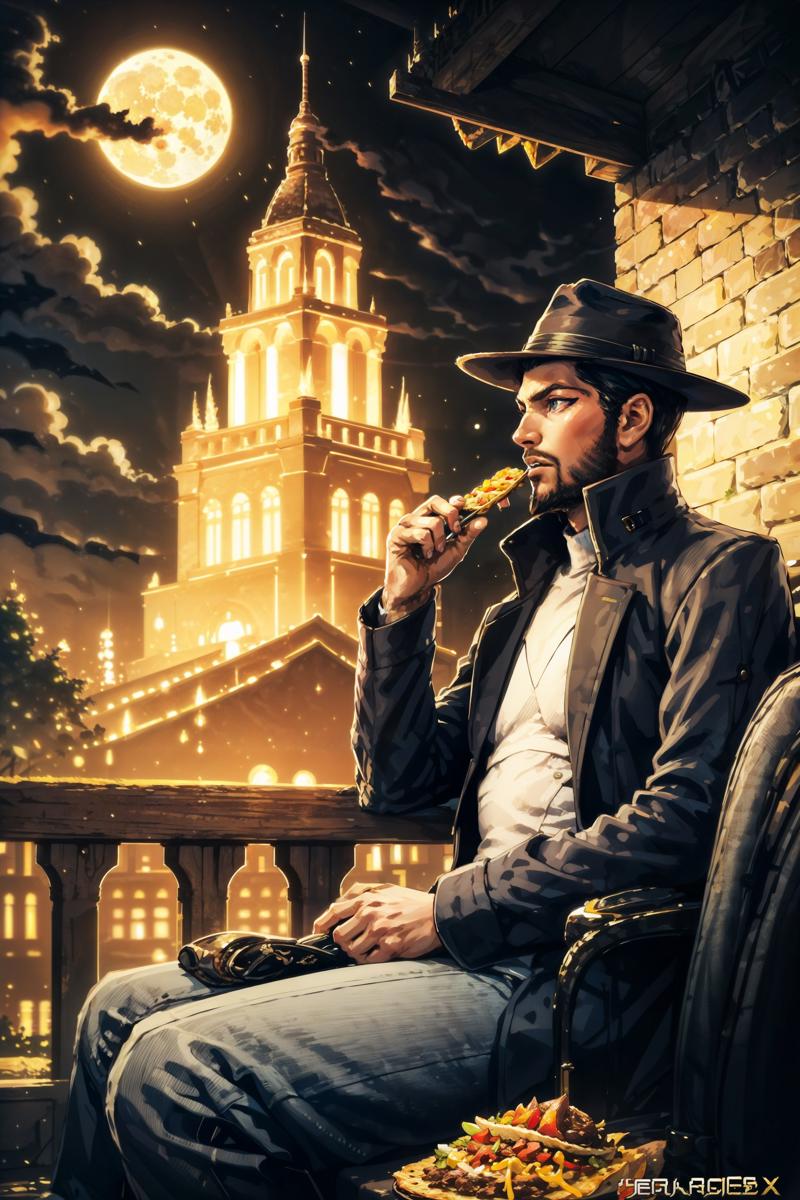 00481-1264904543-(masterpiece, top quality, best quality, official art, detailed_1.2),, jensenDX, wearing fedora, sitting, looking away, trench c.jpg